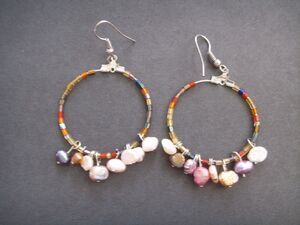 Hand Made Natural Pearls Dangle Hoop Earrings Multi-colored Beach Mermaid Boho